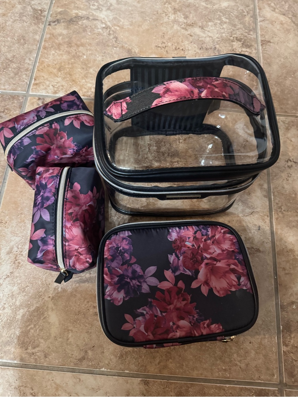 Victoria's Secret Floral Clear Train Case Set in Black and Pink
